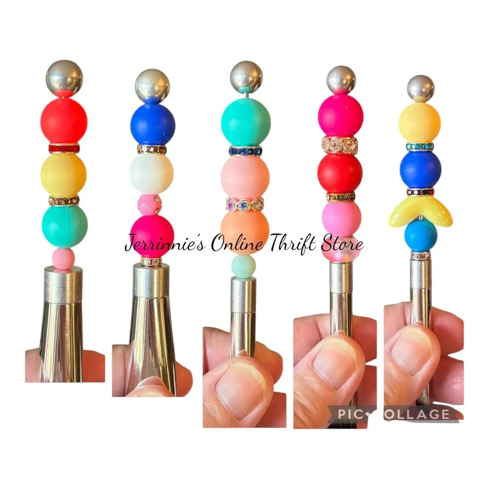 Handmade Beaded Makeup Brush Set 5pc Colorful Silicone Beads Rhinestone Accents
